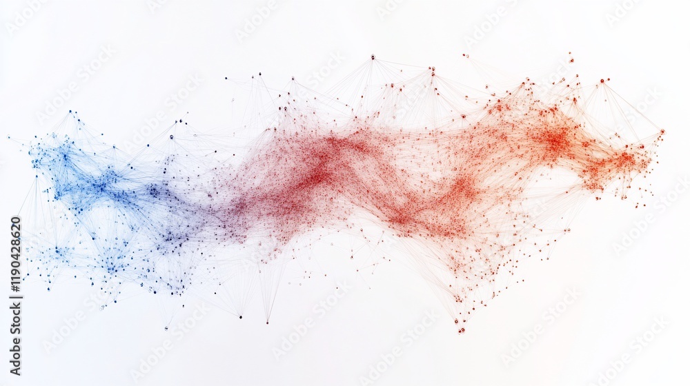 Abstract network connection, red and blue nodes, lines, points, flowing, wave, technology, digital, data, communication, futuristic. Abstract network connection, red and blue nodes, lines, points, flowing, wave, technology, digital, data, communication, futuristic.