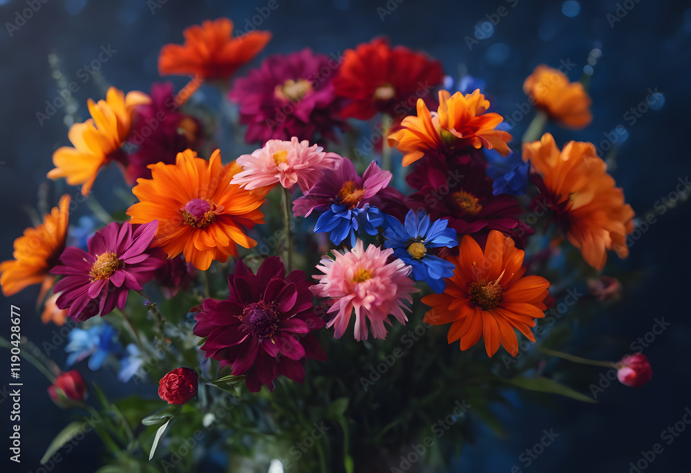 A vibrant bouquet of colorful flowers including red, orange, blue, and pink blooms against a dark background. A vibrant bouquet of colorful flowers including red, orange, blue, and pink blooms against a dark background.