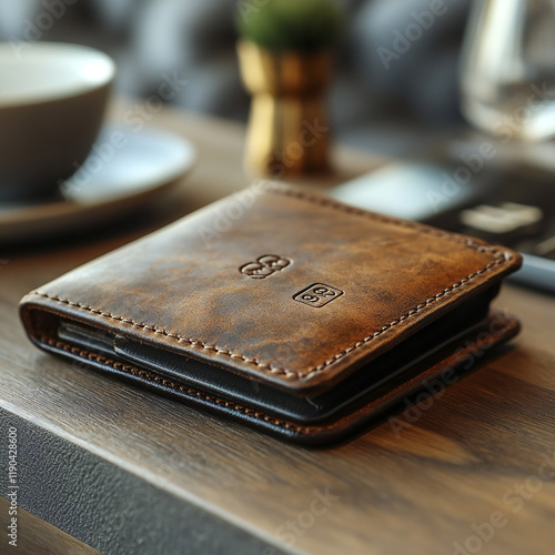 A mockup of a high-end leather wallet with embossed logos photo