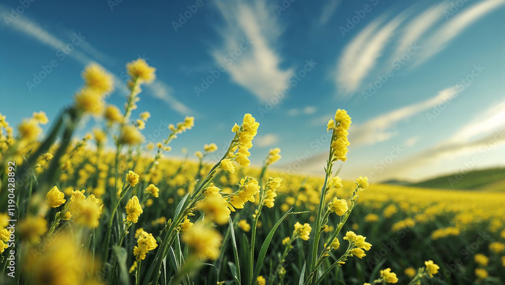 Obraz premium Yellow flowers blooming in cultivated field under blue sky