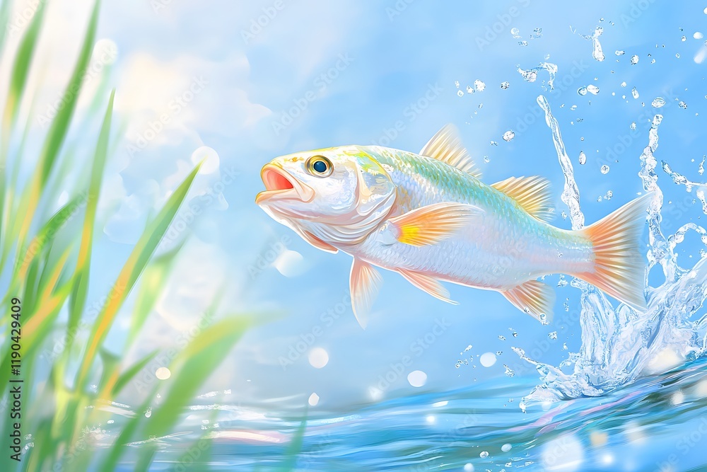 Naklejka premium Watercolor drawing of a bass fish leaping out of the water, with reeds and splashing water in the background