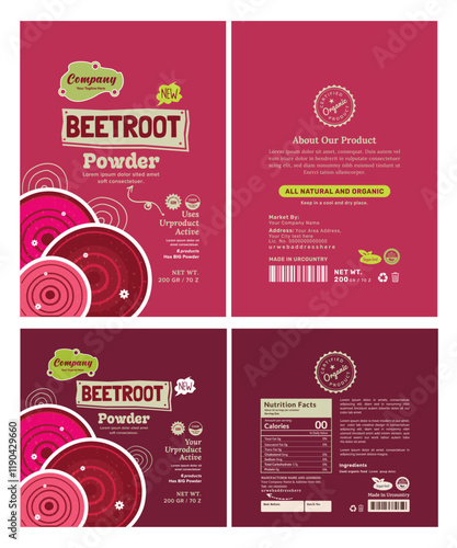 Elegant label design bundle for organic beetroot powder and supplements featuring vibrant pink and red tones with modern typography. Perfect for food packaging.