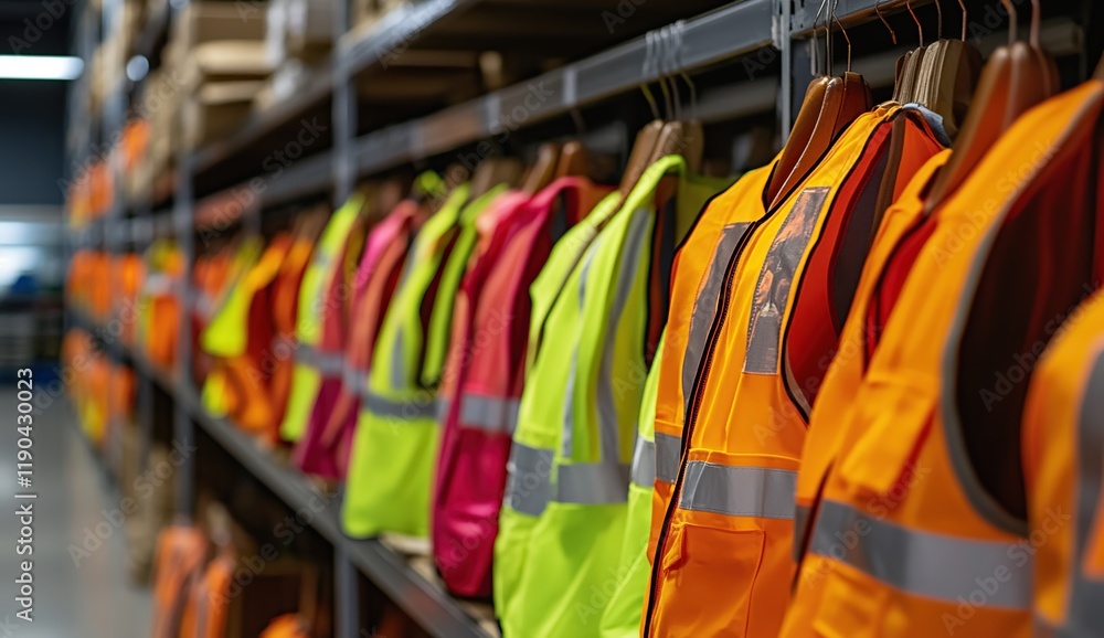 Obraz premium Safety Vests: Warehouse Inventory, Colorful Selection, Organized Storage, Efficient Management, High Visibility, Protective Gear, Work Apparel, Industrial Safety, Construction Site, Hazard Protection