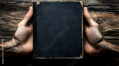 Hardcover book mockup with a hand on a wooden table photo