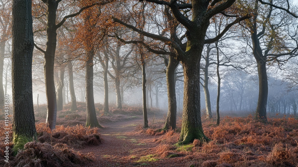 Autumnal Path Through Misty Woodland With Tall Trees Autumnal Path Through Misty Woodland With Tall Trees
