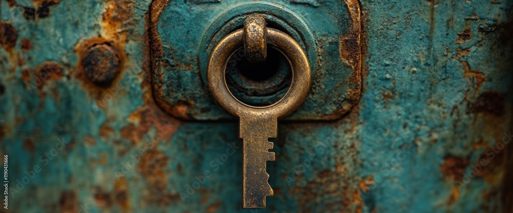 Rusty metal surface with antique key in keyhole. Rusty metal surface with antique key in keyhole.