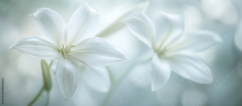 Fototapeta premium Soft focus image of two delicate white lilies, subtly blurred background.