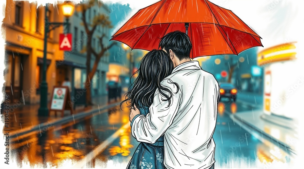 Obraz premium Couple walking under red umbrella on rainy city street, hug, 