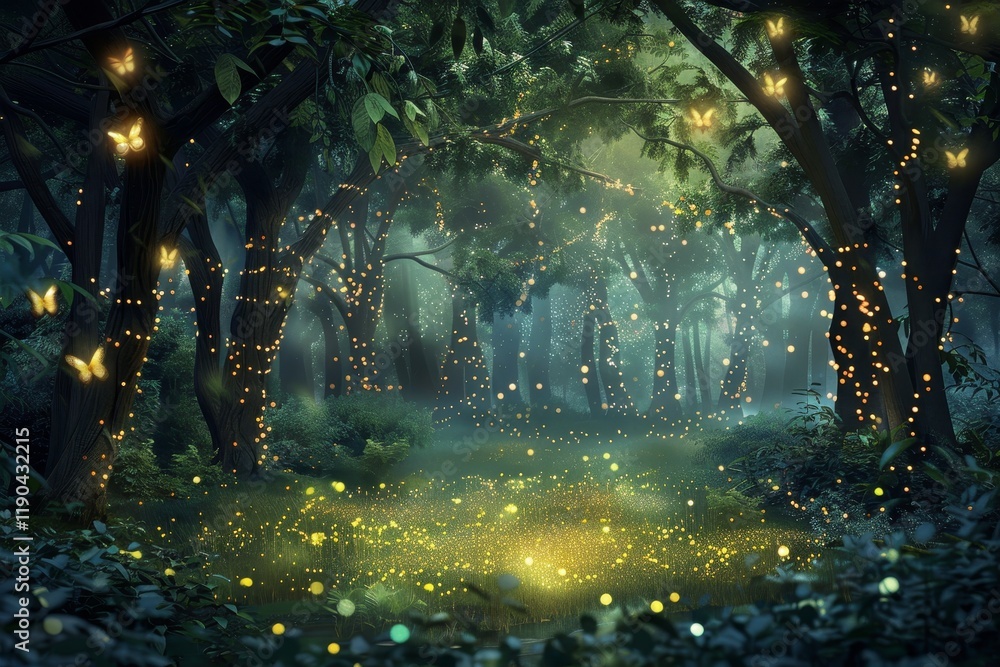 Fototapeta premium A magical forest clearing filled with fireflies, glowing trees, and soft green foliage, A whimsical forest clearing with twinkling fireflies