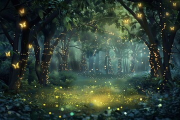 A magical forest clearing filled with fireflies, glowing trees, and soft green foliage, A whimsical forest clearing with twinkling fireflies