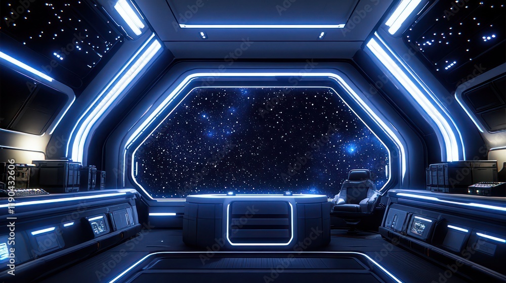 Futuristic spaceship interior with panoramic star view. Modern, sleek, and advanced design with glowing lights and large windows. Futuristic spaceship interior with panoramic star view. Modern, sleek, and advanced design with glowing lights and large windows.