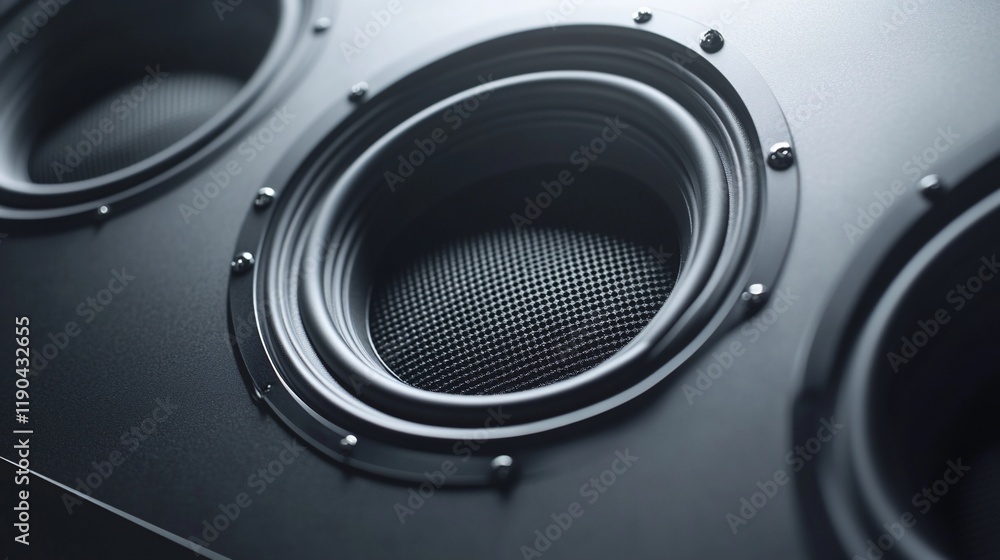 Close-up of powerful black speaker system with multiple drivers. Close-up of powerful black speaker system with multiple drivers.