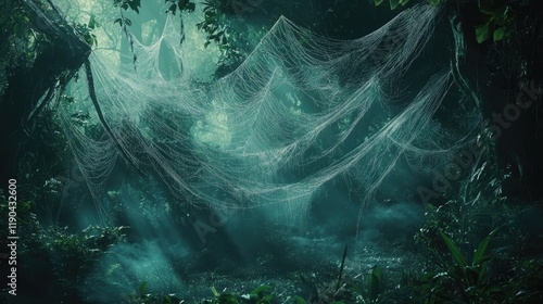 Dewkissed spiderwebs hang in a mystical dark forest