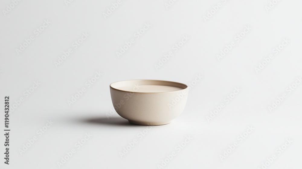 Creamy beige liquid in a small, light beige bowl on a white background. Creamy beige liquid in a small, light beige bowl on a white background.