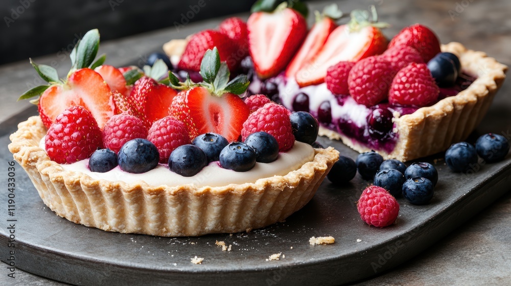 Fruit tart on a plate with pastry crust and colorful fruit toppings served on a wooden table Fruit tart on a plate with pastry crust and colorful fruit toppings served on a wooden table