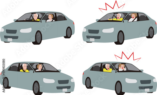 乗用車を運転する高齢者.驚く運転手と助手席の女性のイラスト