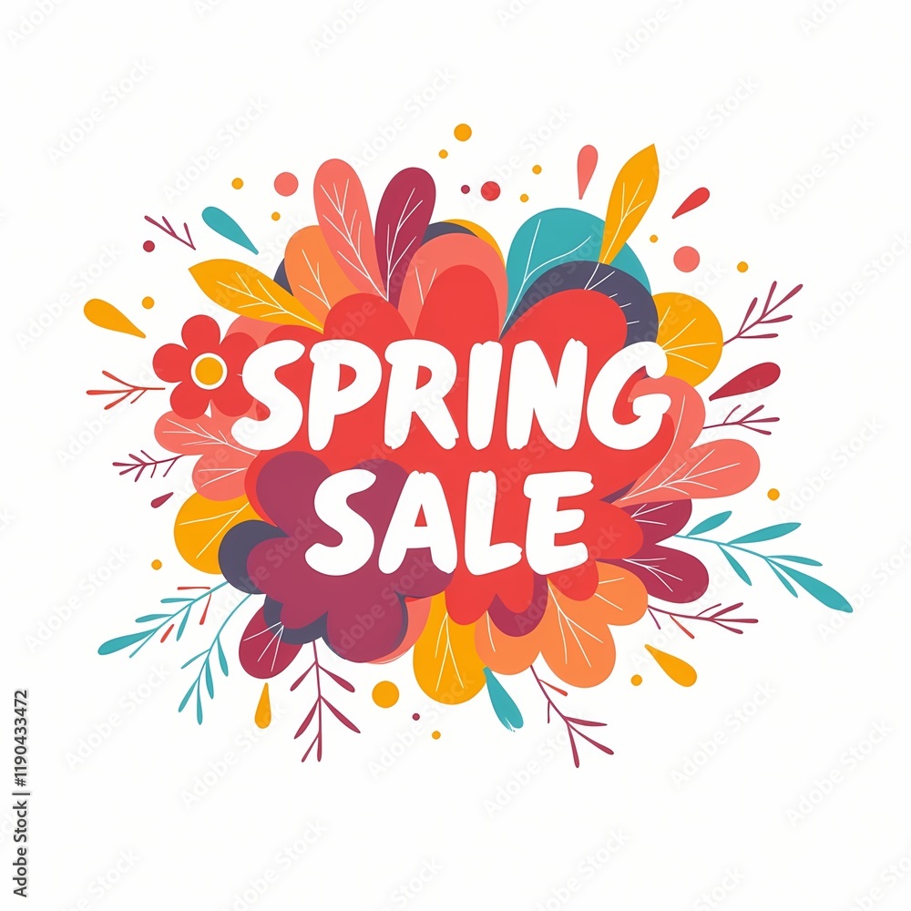 Spring Sale text with vibrant floral elements and leaves Spring Sale text with vibrant floral elements and leaves