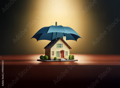 A small house model sits beneath a protective umbrella, symbolizing home security and insurance.  The scene is dramatically lit, highlighting the concept of safety and protection. photo