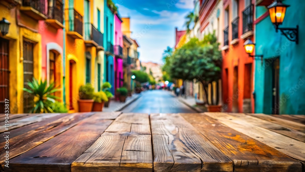 Fototapeta premium Empty wooden tabletop with a blurred Mexican city scene in the background