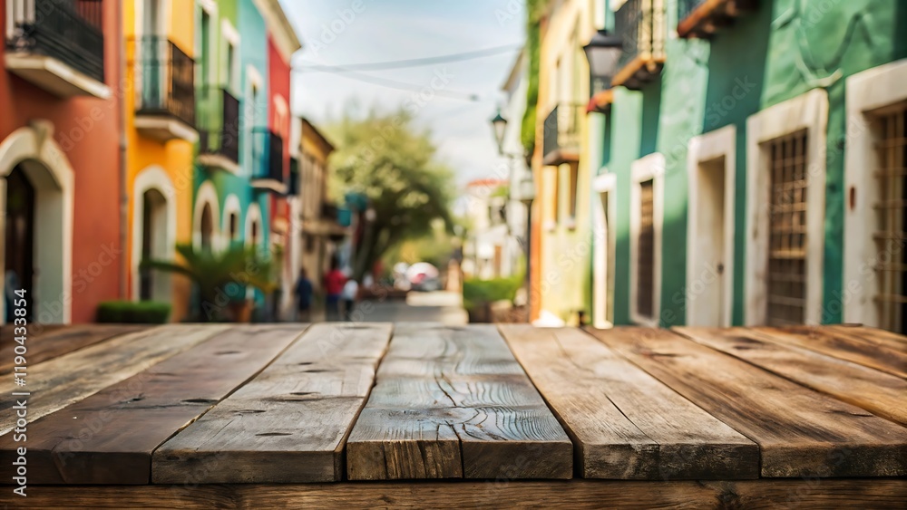 Fototapeta premium Empty wooden tabletop with a blurred Mexican city scene in the background