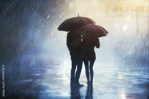 Couple stands close under umbrellas while rain pours on a dimly lit city street photo