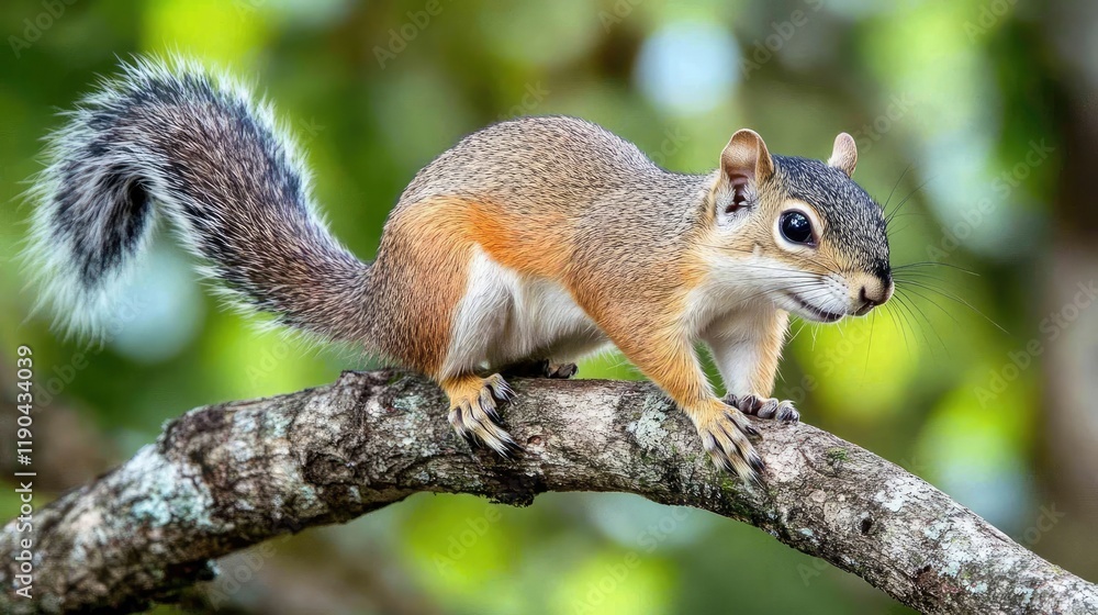 A Small Squirrel Perched On A Tree Branch A Small Squirrel Perched On A Tree Branch