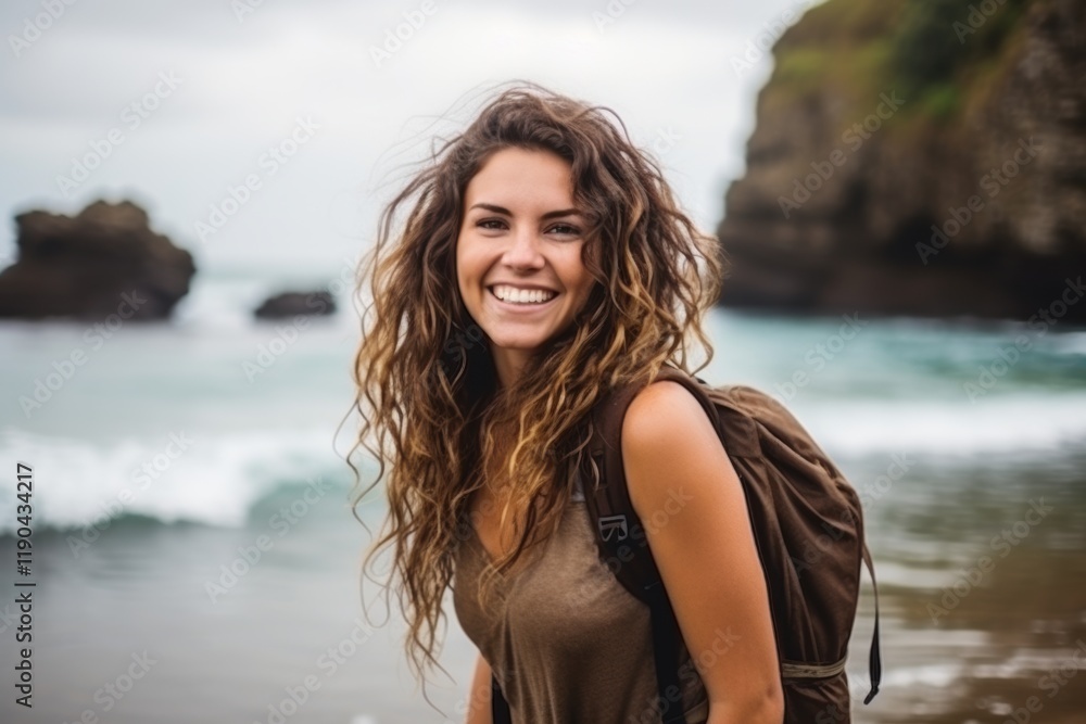 A woman with long hair is smiling and standing on a beach A woman with long hair is smiling and standing on a beach