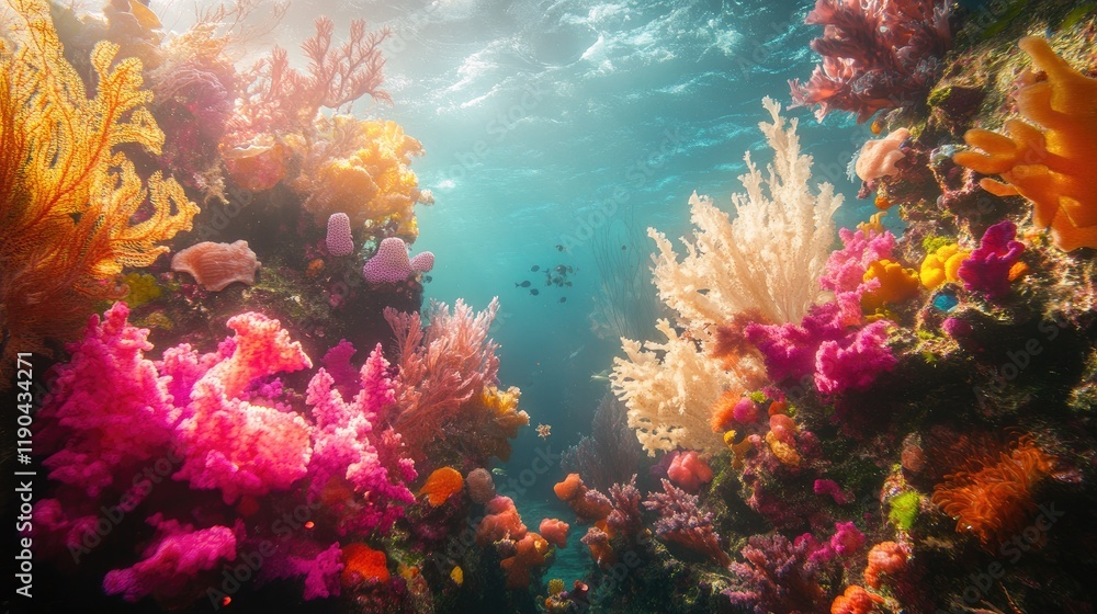 Fototapeta premium Vibrant Coral Reef Underwater Scene Displays Diverse Marine Life