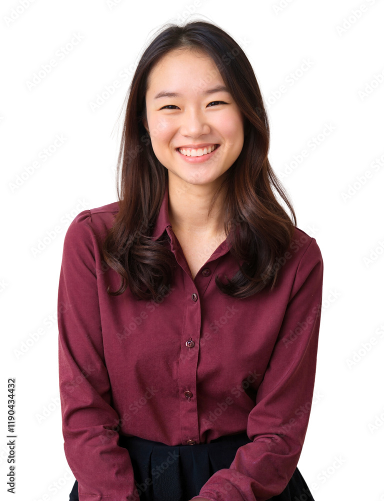 A smiling Asian woman with long, dark hair wears a maroon button-up shirt and a black skirt, seated against a white background. A smiling Asian woman with long, dark hair wears a maroon button-up shirt and a black skirt, seated against a white background.