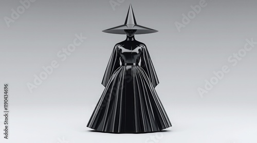 A striking black figure in a dramatic gown with a wide-brimmed hat, exuding a blend of elegance and mystery against a neutral background. photo