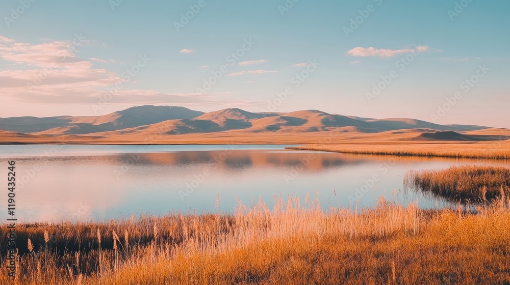 Obraz premium Serene lake reflecting majestic mountains under a calm sky