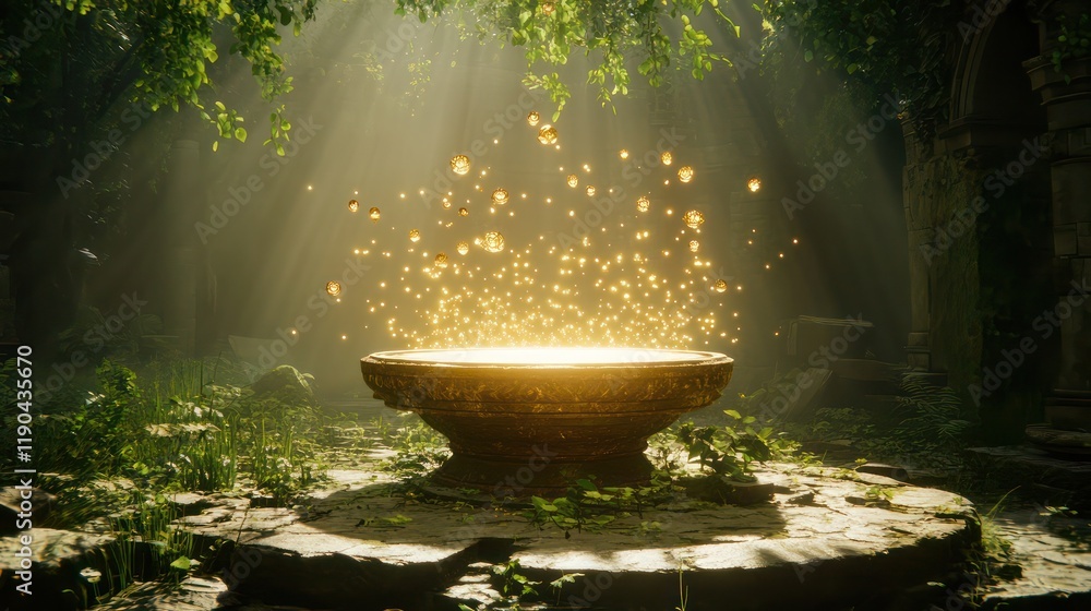 Golden orb bowl in mystical forest glade. Sunlight streams through ancient ruins. Golden orb bowl in mystical forest glade. Sunlight streams through ancient ruins.