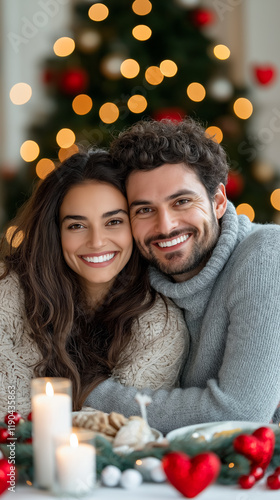 Couples embracing at a cozy indoor setting surrounded by festive lights and a warm atmosphere during the holiday season photo