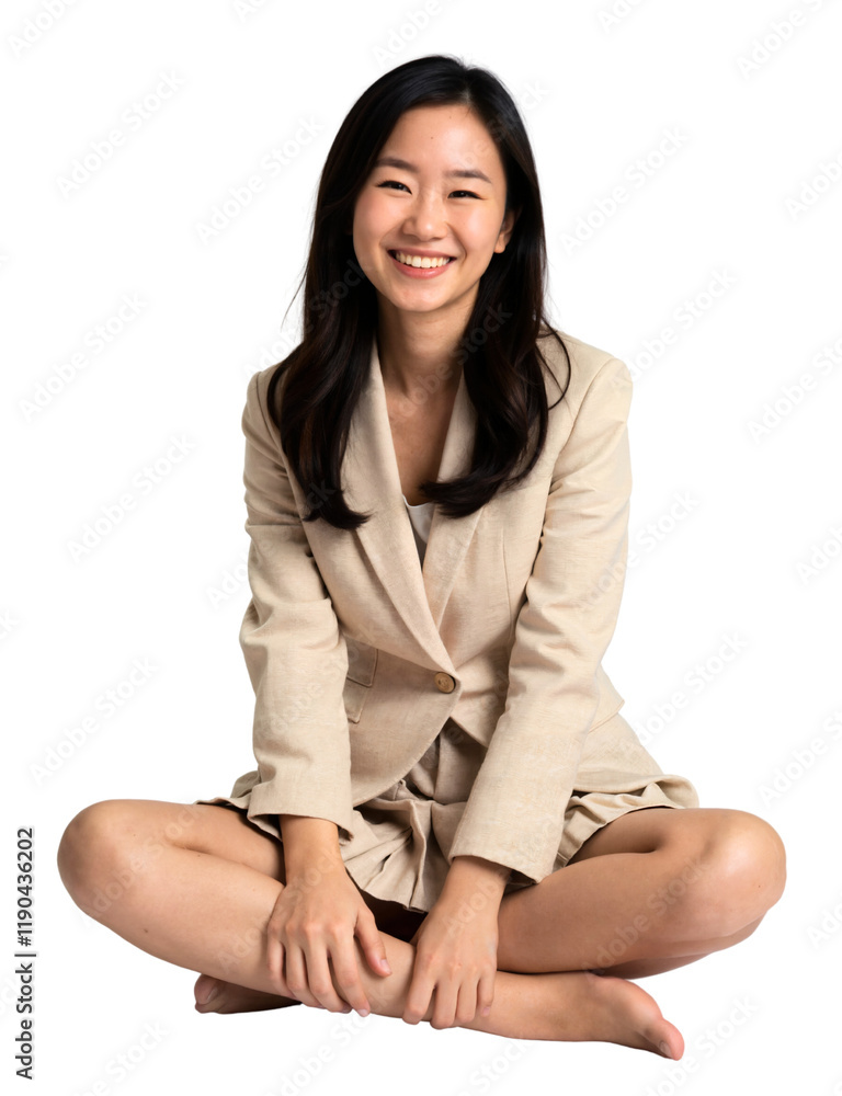 A young woman with long black hair, wearing a beige blazer and skirt, smiles while seated sit pose position. A young woman with long black hair, wearing a beige blazer and skirt, smiles while seated sit pose position.
