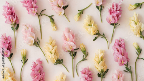 Snapdragons: pink and yellow snapdragon flowers with delicate green stems and leaves, arranged in an unstructured, free-flowing pattern across an ivory-tinged white background