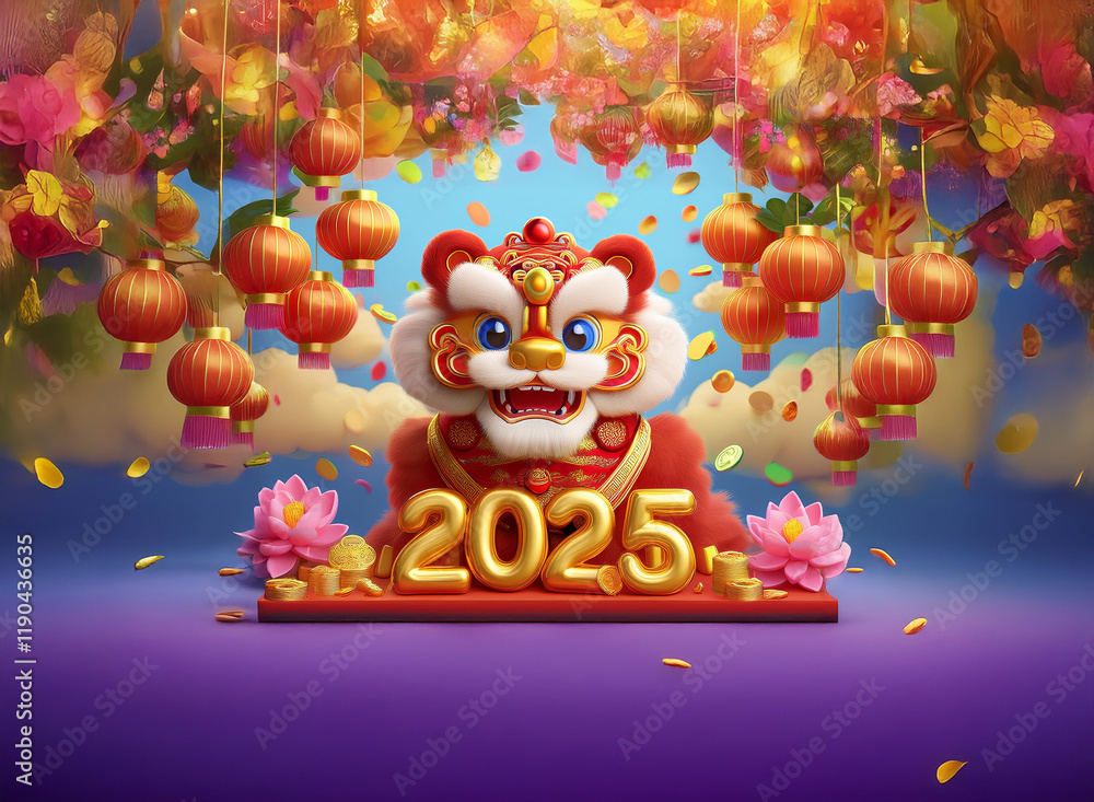 Obraz premium A cute lion dance costume, symbolizing the upcoming year 2025, is adorned with festive lanterns and flowers amidst celebratory confetti. The vibrant scene evokes joy and prosperity.