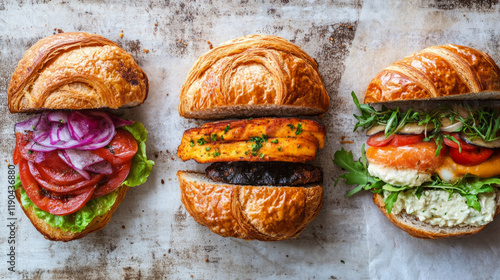 Close-up of vibrant vegetarian sandwiches and croissants on a plate AI generative.. photo