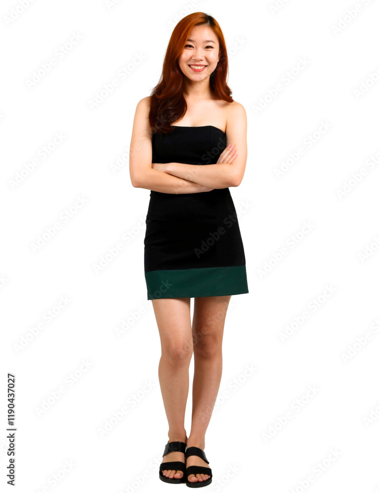 Photograph of a smiling Asian woman with shoulder-length brown hair, wearing a black strapless top and dark green skirt. Photograph of a smiling Asian woman with shoulder-length brown hair, wearing a black strapless top and dark green skirt.