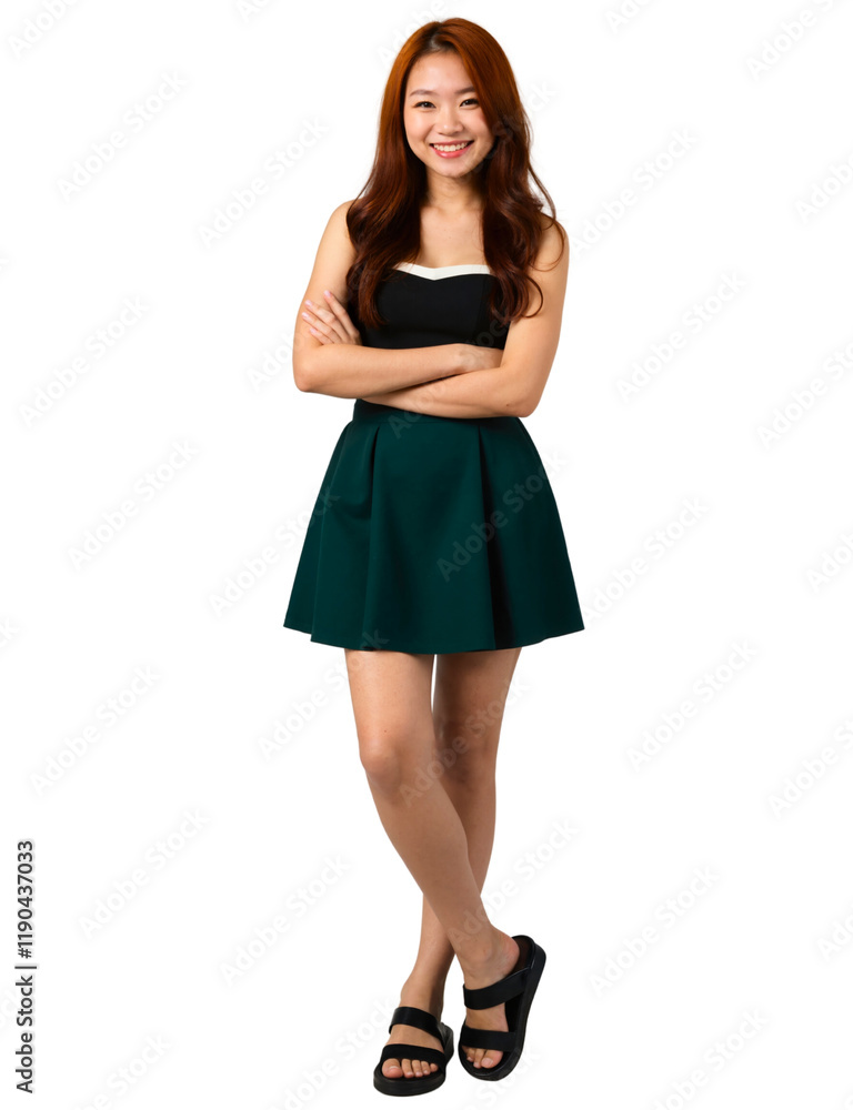 Photograph of a smiling Asian woman with shoulder-length brown hair, wearing a black strapless top and dark green skirt. Photograph of a smiling Asian woman with shoulder-length brown hair, wearing a black strapless top and dark green skirt.
