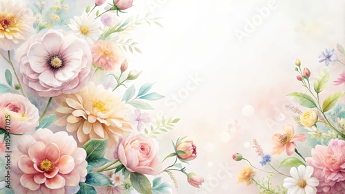 Delicate Watercolor Floral Border Design with Pastel Roses, Dahlias, and Daisies Featuring a Soft Background Ideal for Invitations or Announcements