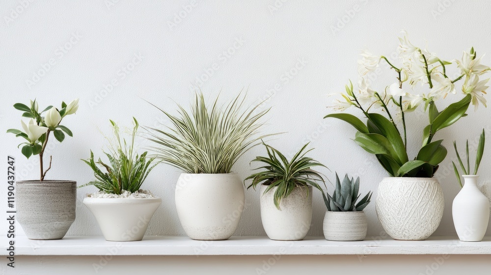 White Pots Displaying Various Plants And Flowers White Pots Displaying Various Plants And Flowers