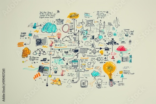 A whiteboard filled with colorful, hand-drawn ideas, connected by lines and arrows, A mind map filled with interconnected ideas and concepts related to a specific topic photo