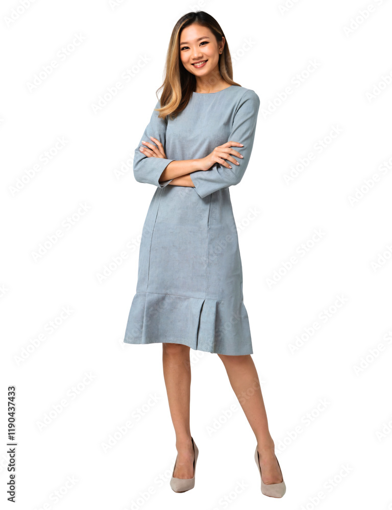 A woman stands against a white background, wearing a light blue, three-quarter sleeve dress with a flared hem. A woman stands against a white background, wearing a light blue, three-quarter sleeve dress with a flared hem.
