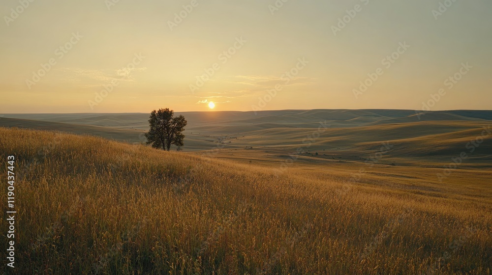 Fototapeta premium Solitary Tree on Rolling Hills at Sunset