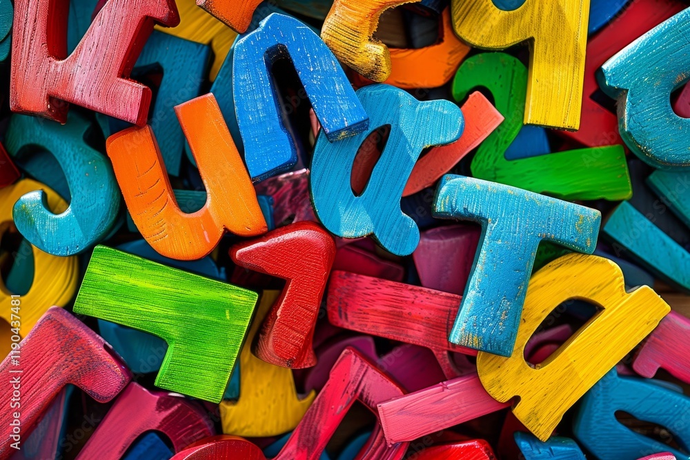 Naklejka premium Close-up of a pile of colorful wooden letters, perfect for early childhood learning, Learning to read with colorful alphabet posters