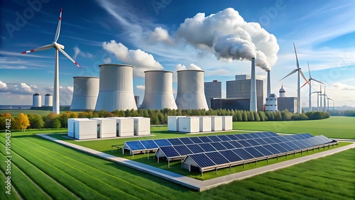 Wallpaper Mural Wind turbines and solar panels in a green field with a power plant in the background Torontodigital.ca