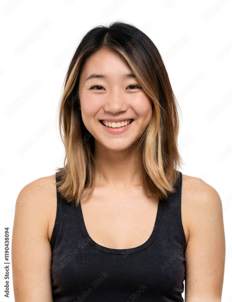 A photograph of a smiling woman with shoulder-length, ombre hair, wearing a black tank top, against a white background. A photograph of a smiling woman with shoulder-length, ombre hair, wearing a black tank top, against a white background.