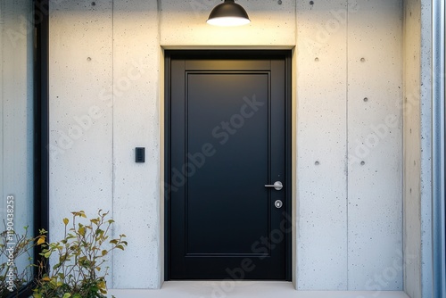 Stylish black door with a matte finish and minimalist concrete surroundings.