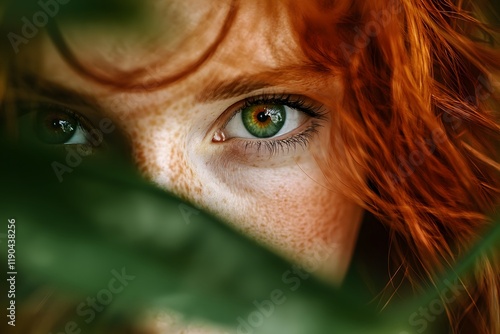 Redhead Woman s Green Eyes Peeking Through Leaves photo