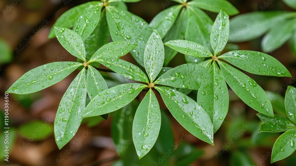 Dewdrops adorn vibrant green leaves of a plant Dewdrops adorn vibrant green leaves of a plant